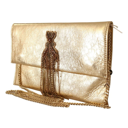 Patrizia Pepe Gold Leather Embellished Shoulder Strap Bag with chain detail and magnetic flap closure, crafted in gold leather.