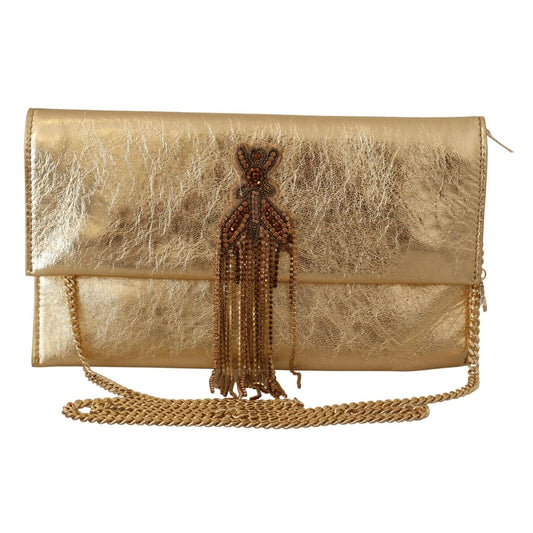 Patrizia Pepe Gold Leather Embellished Shoulder Strap Bag with missing crystal chains, featuring gold metal details and a magnetic flap closure.
