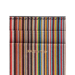Paul Smith Signature Stripe leather card case with colorful stripe design and logo stamp, showcasing black card slots and rectangle shape.