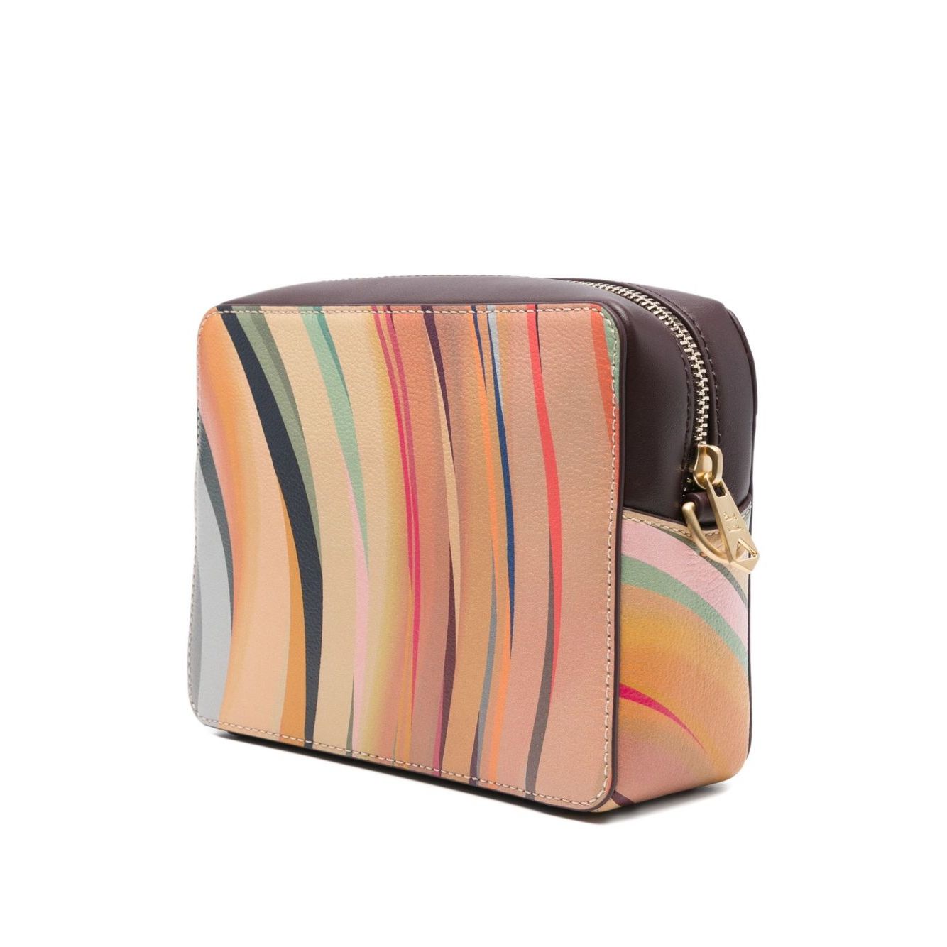 Paul Smith Swirl leather crossbody bag in dark brown calf leather with an adjustable shoulder strap and swirl pattern, side view.