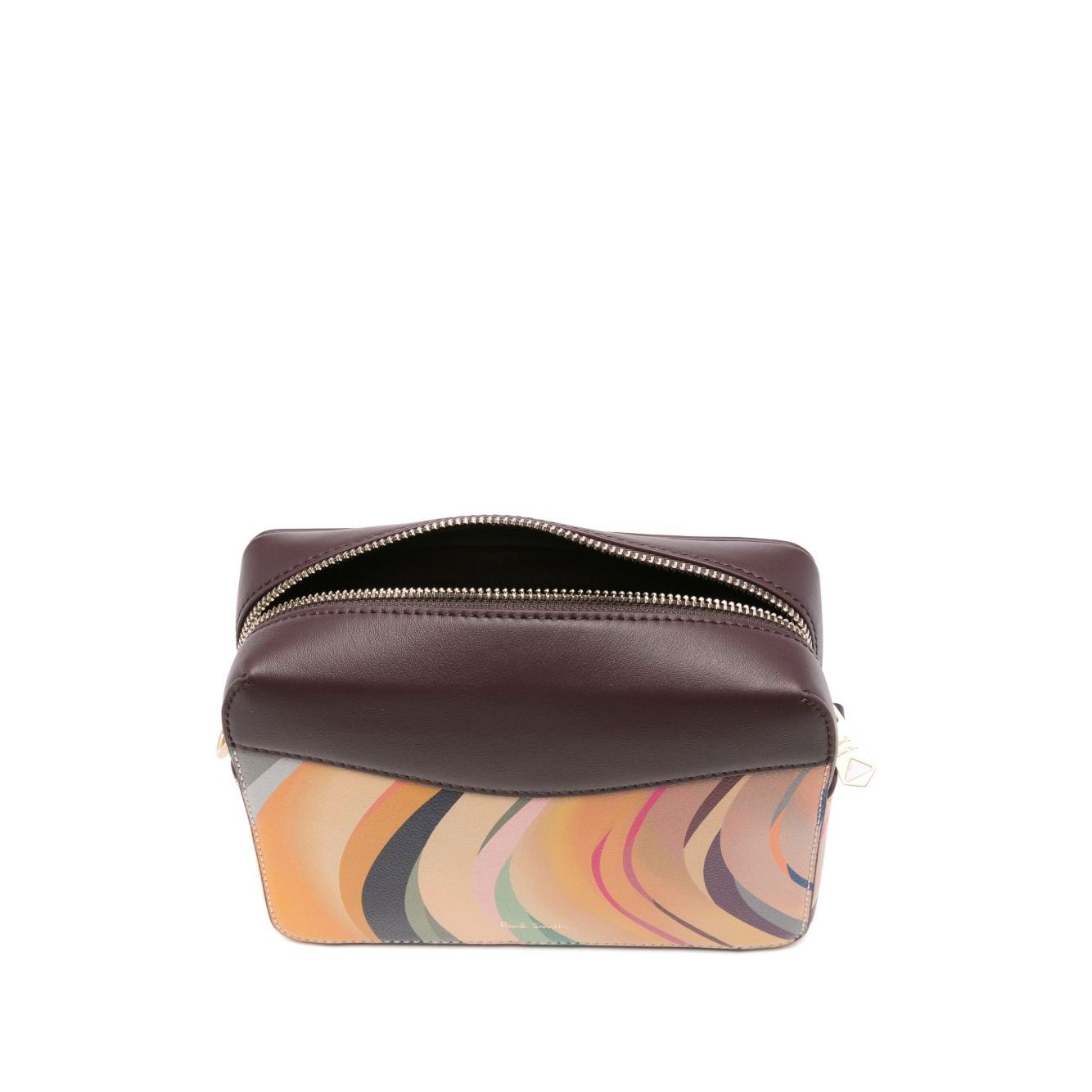 Paul Smith Swirl leather crossbody bag in dark brown calf leather with swirl pattern and adjustable strap, zip open view