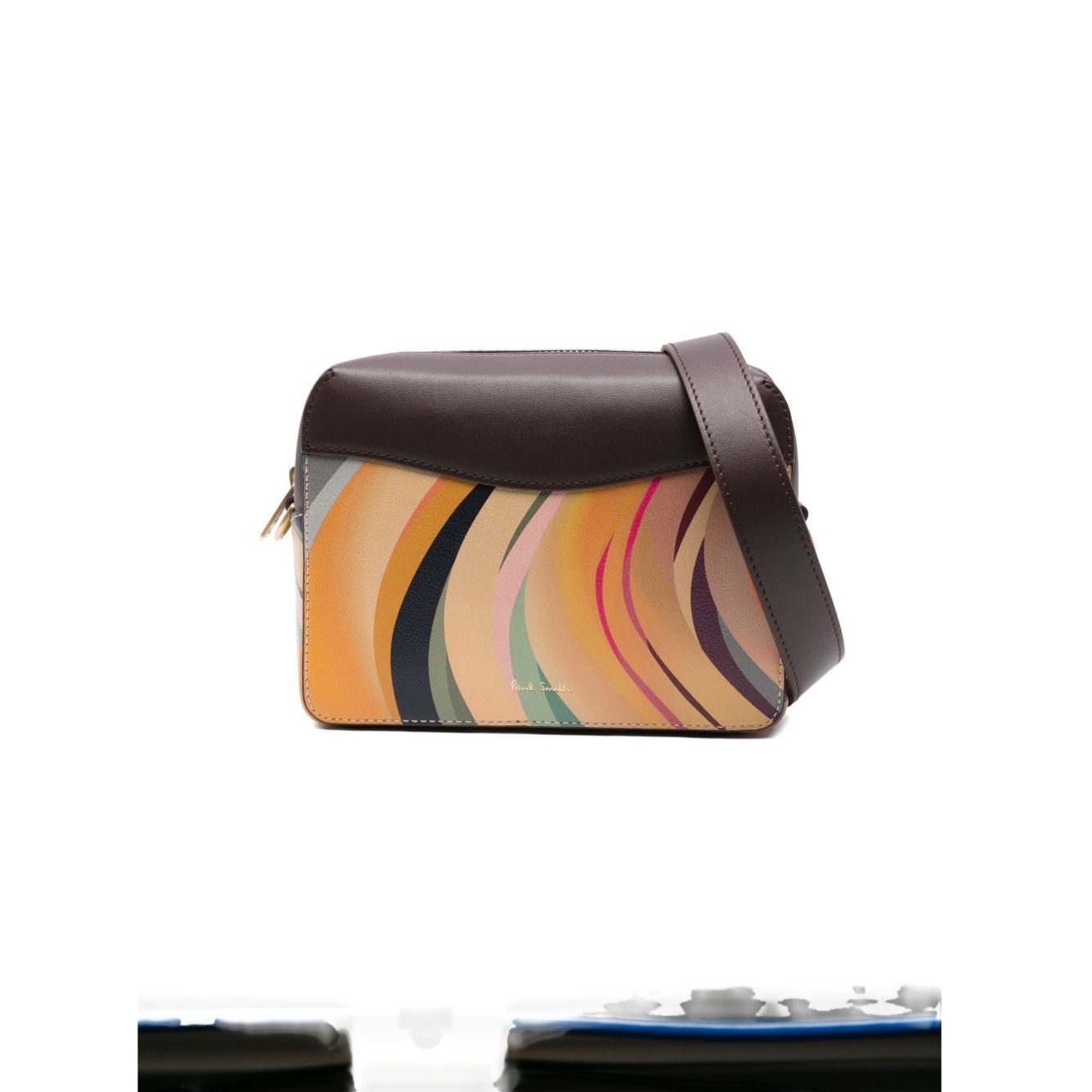 Paul Smith Swirl leather crossbody bag in dark brown calf leather with swirl pattern and adjustable shoulder strap, 14x19cm size.