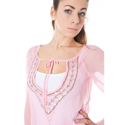 Phard Pink Silk Women Top with sequins and V-neck, elegant long sleeve t-shirt for women, Italian craftsmanship, stylish fashion.