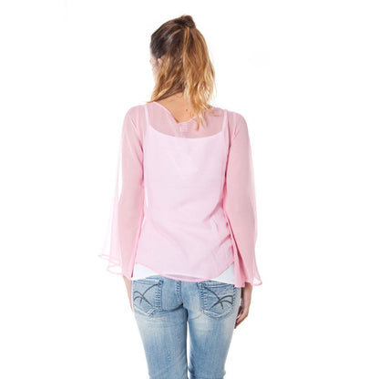 Back view of woman wearing Phard Pink Silk Women Top with long sleeves and V-neck