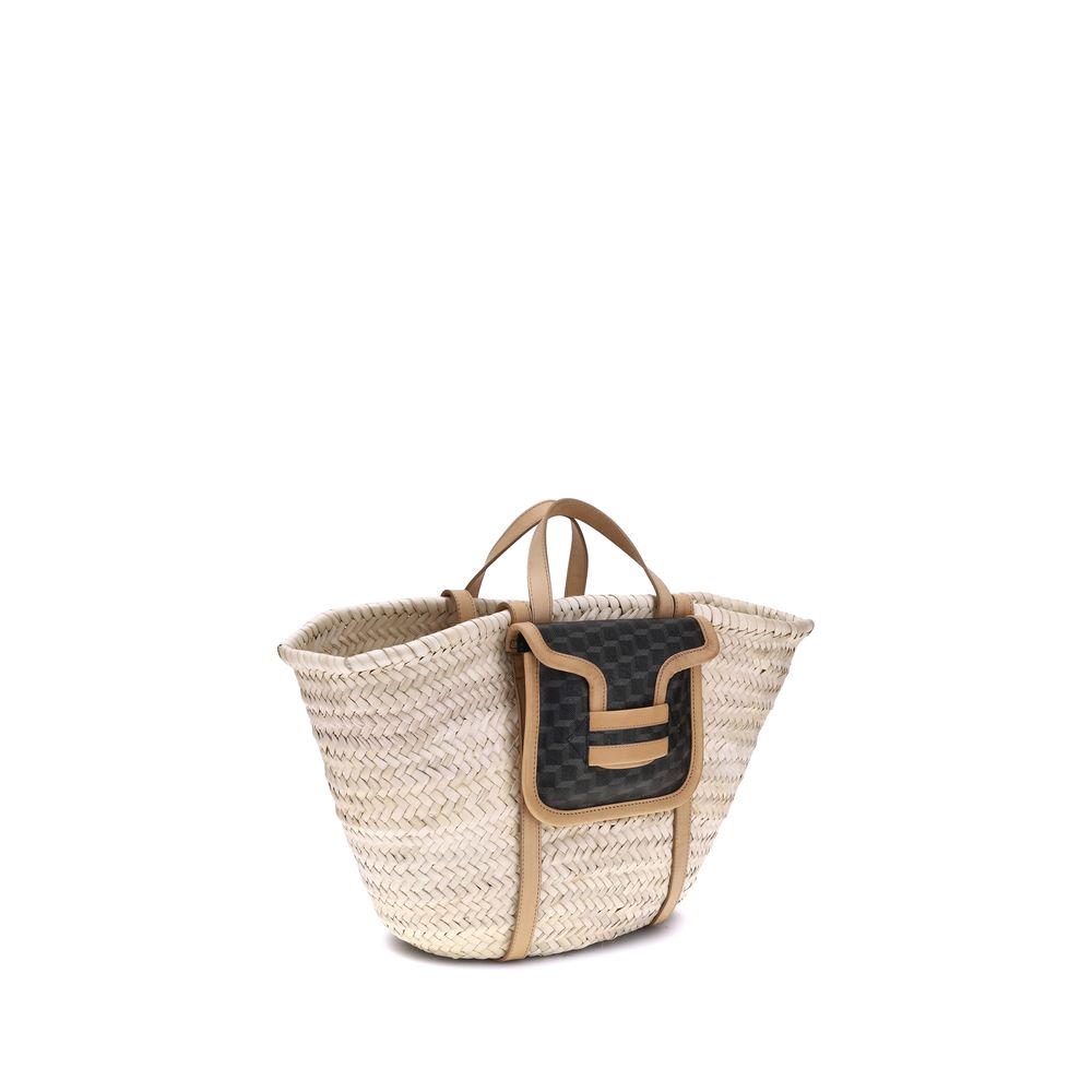 Pierre Hardy Beige Raffia Shoulder Bag with four handles and internal pouch for organized luxury.
