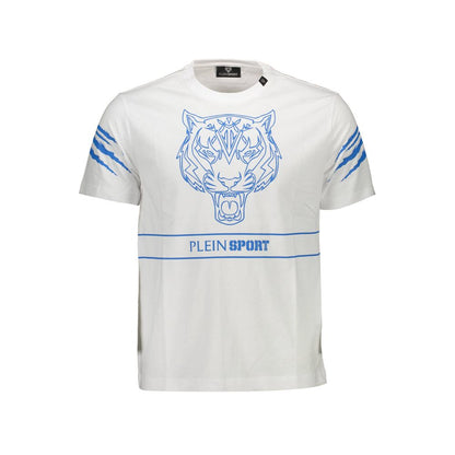 Plein Sport White Cotton Men T-Shirt with blue tiger logo and stripes, showcasing elegant athletic fashion for trendsetters.