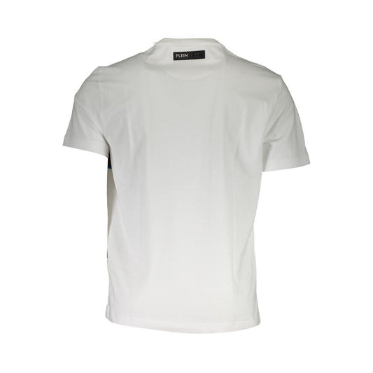 Plein Sport White Cotton Men T-Shirt with blue accents and bold logo, showcasing athletic style and elegance for trendsetters.