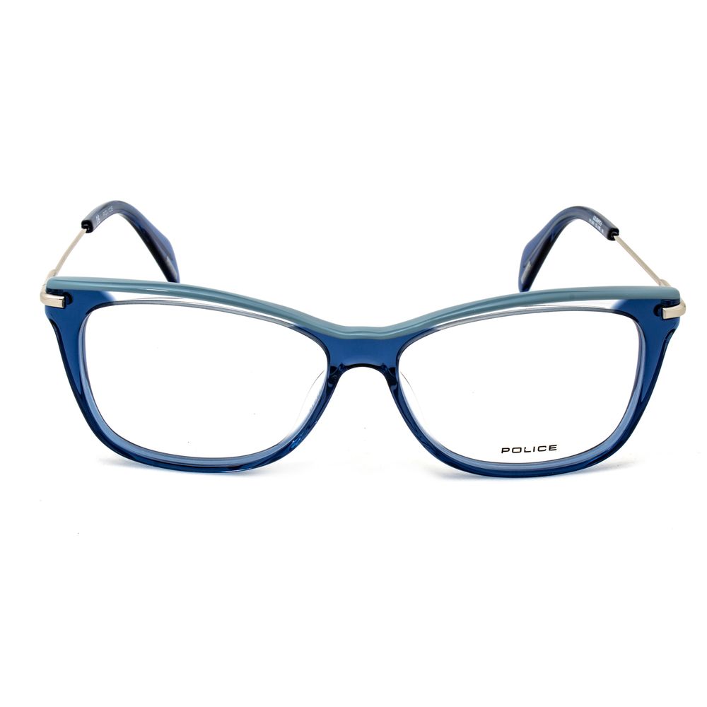 Police Blue Acetate Frames with shiny transparent blue design, 53/14/140 mm dimensions, women's fashion glasses with metal accents.
