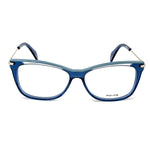 Police Blue Acetate Frames with shiny transparent blue design, 53/14/140 mm dimensions, women's fashion glasses with metal accents.