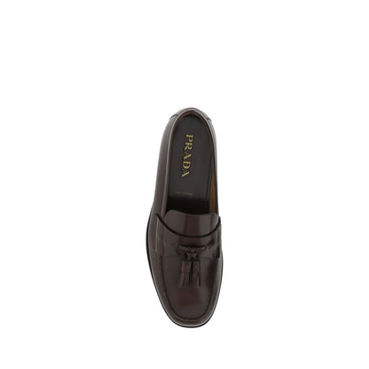 Prada Brown Calf Leather Bos Taurus Slip-On Loafers with tassel detail, view from above showcasing elegant design.