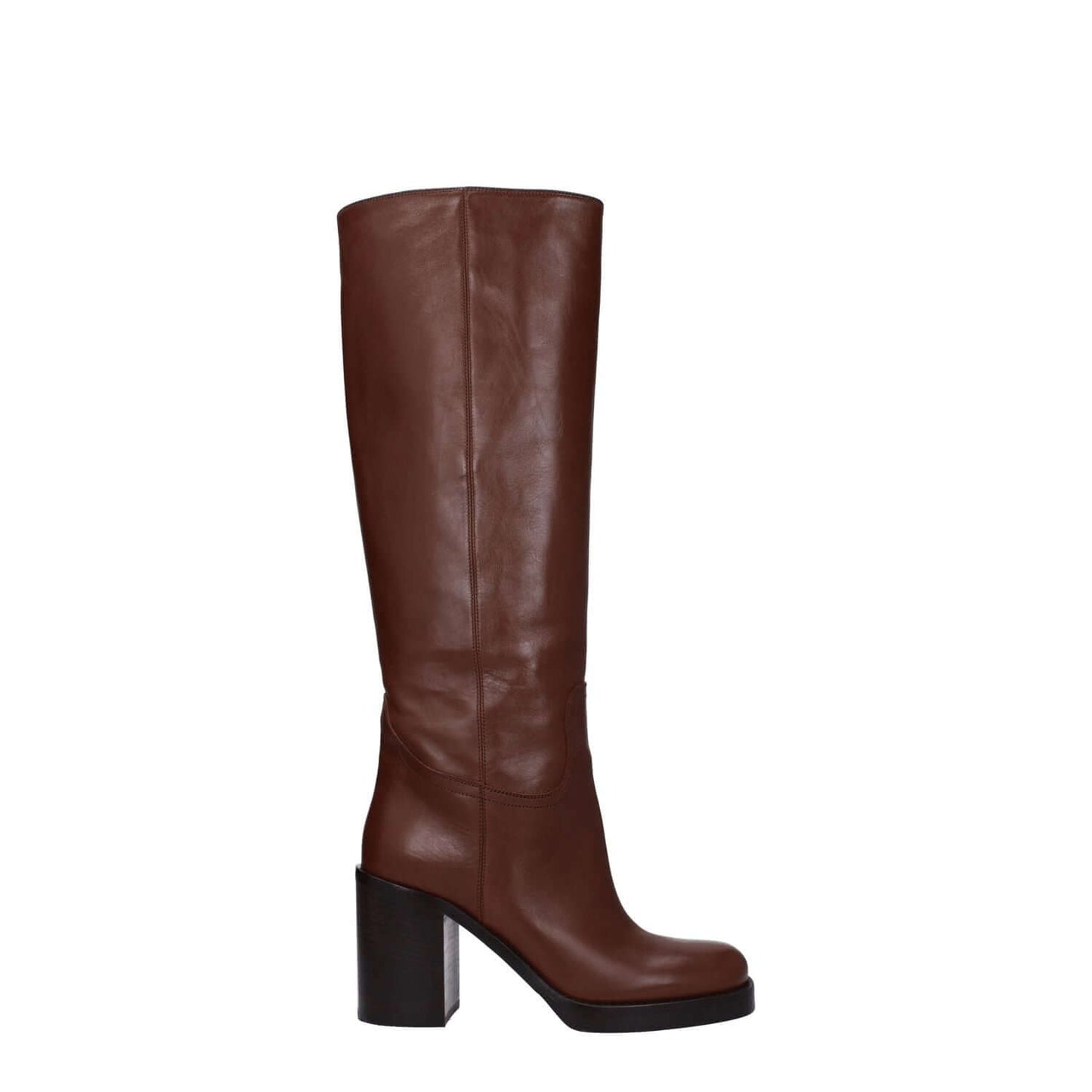 Prada Brown Leather High Heel Boots with round toe and cognac accents, featuring a 9 cm heel and leather sole for casual style.