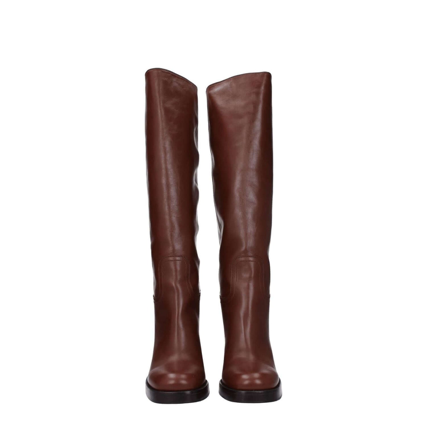 Prada Brown Leather High Heel Boots with round toe and leather sole, 9 cm heel height, styled for casual wear, front view.
