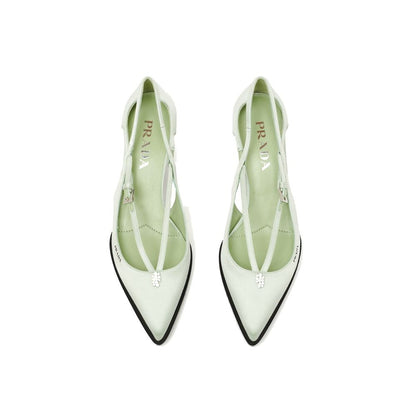 Prada Green Silk Mid Heel Pumps with jeweled ornament and pointed toe, leather insole, and rubber sole, 5.5 cm heel, women's fashion