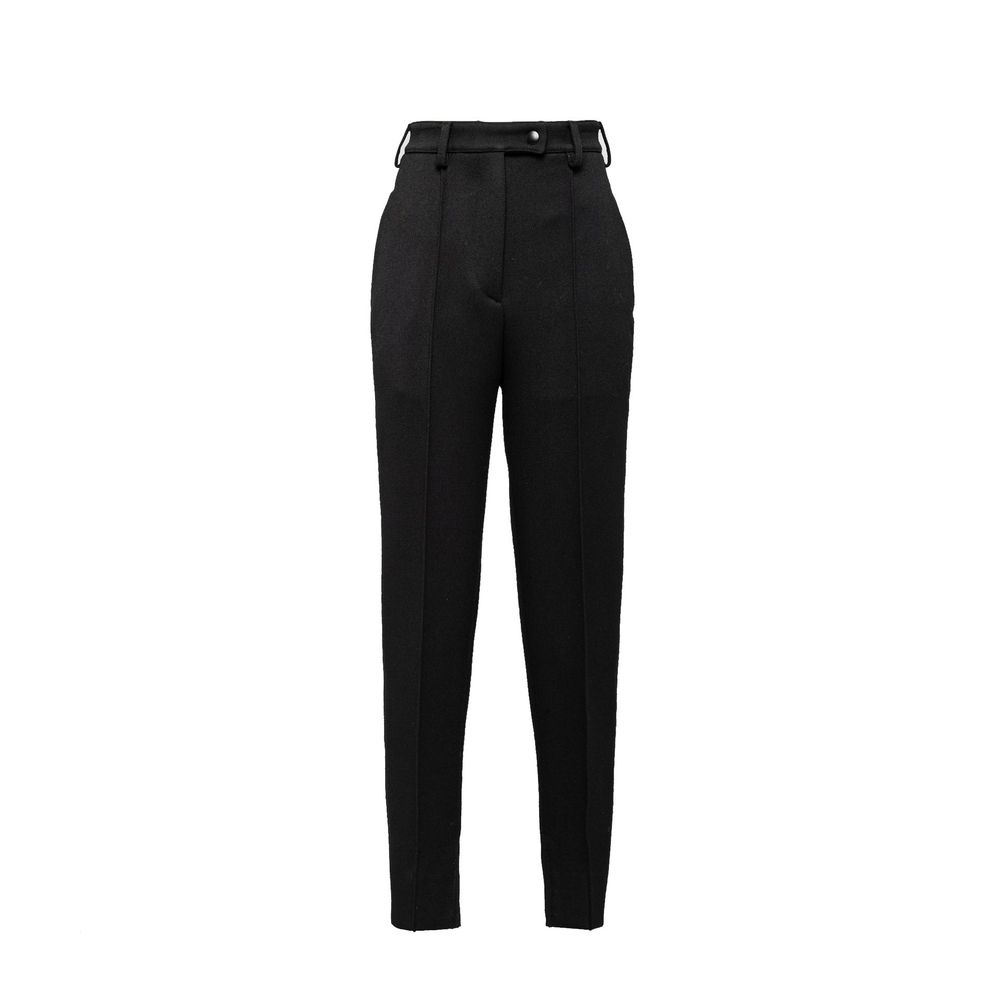 Prada Wool Pants for women, high waist, 100% virgin wool with side pockets and belt loops, shown in black.