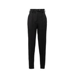 Prada Wool Pants for women, high waist, 100% virgin wool with side pockets and belt loops, shown in black.