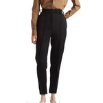Woman wearing high-waist Prada Wool Pants with belt loops and two side pockets, made from 100% virgin wool.