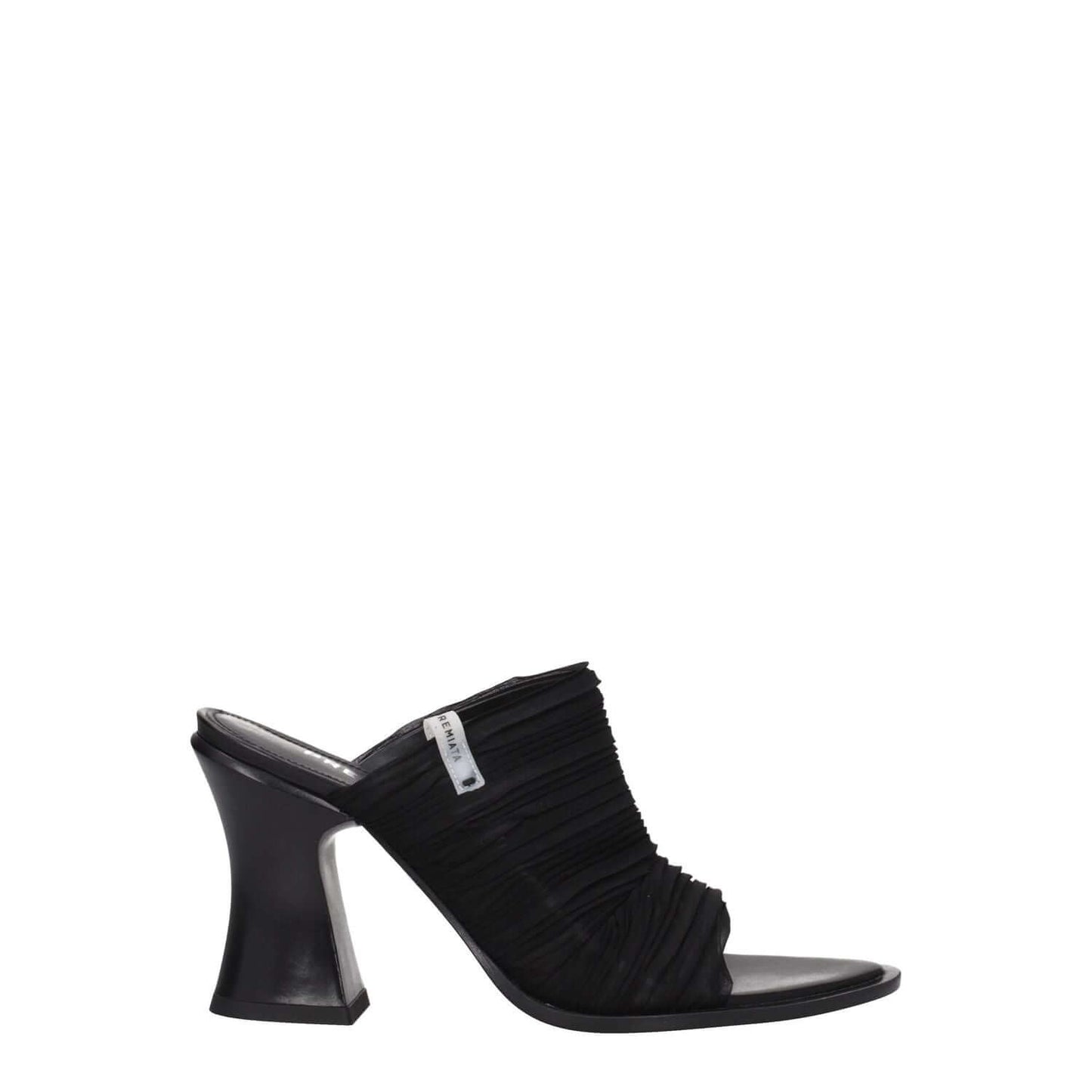 Premiata Black Fabric Platform Sandals with leather high heel, open toe design, and side logo. MPN: TESSUTOPREZIOSOM6440.