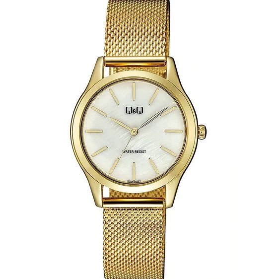 Q&Q Mod. LADY ONLY TIME gold wristwatch with mesh strap, water resistant 3 ATM, 33 mm metal case, quartz movement in official packaging.