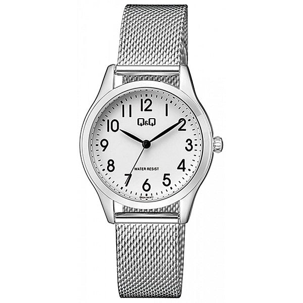 Q&Q Mod. LADY ONLY TIME wristwatch with 33mm metal case and mesh strap, water-resistant 3 ATM, quartz movement, in official packaging.