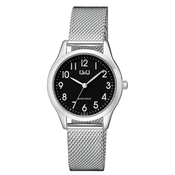 Q&Q Mod. LADY ONLY TIME wristwatch with mesh strap, 33mm metal case, quartz movement, 3 ATM water resistance, official packaging.