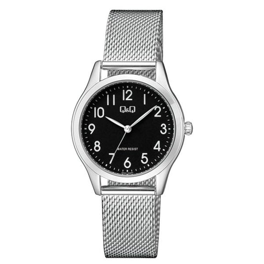 Q&Q Mod. LADY ONLY TIME wristwatch with mesh strap, 33mm metal case, quartz movement, 3 ATM water resistance, official packaging.