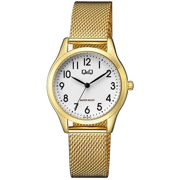 Q&Q Mod. LADY ONLY TIME wristwatch with 33mm metal case, quartz movement, mesh strap, mineral dial, and 3 ATM water resistance.