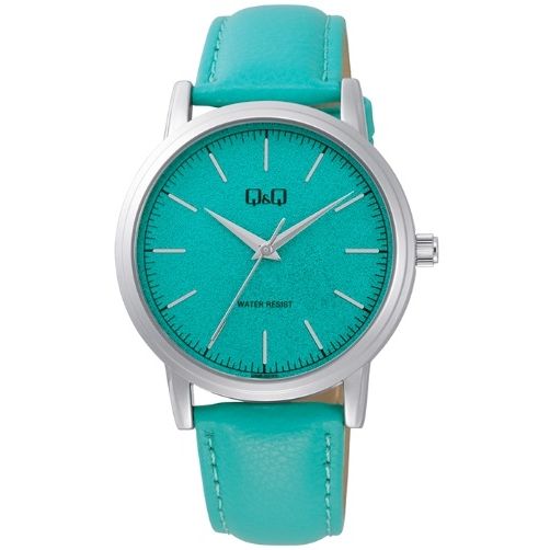 Q&Q Mod. LADY ONLY TIME wristwatch with turquoise leather strap and metal case, quartz movement, and mineral dial, 3 ATM water resistance.