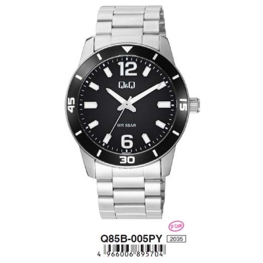 Q&Q Mod. GENT DIVER ONLY TIME wristwatch with metal strap, 42mm metal case, mineral dial, and quartz movement in official packaging.
