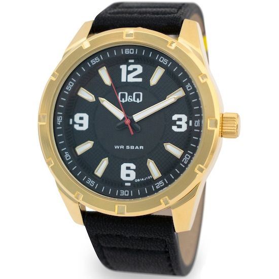 Q&Q FASHION Mod. QB14J105Y wristwatch, 5 ATM water-resistant, 42 mm metal case, leather strap, quartz.