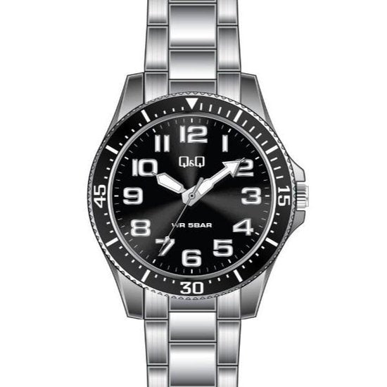 Q&Q FASHION Mod. QB64J225Y men's wristwatch with metal case and SS bracelet, 5 ATM water resistance, quartz movement, black dial.