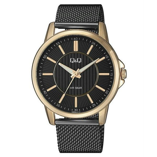 Q&Q FASHION Mod. QB66J412Y gent's wristwatch with 5 ATM water resistance, 44 mm metal case, mesh strap, and quartz movement - only time function.