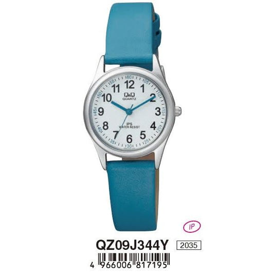 Q&Q FASHION Mod. QZ09J344Y blue leather strap baby wristwatch, water resistant 3 ATM, quartz movement, mineral dial