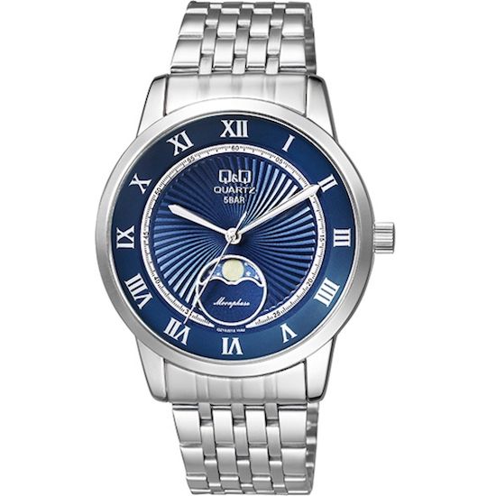Q&Q FASHION Mod. QZ10J218Y wristwatch with moonphase function, 40mm metal case, stainless steel bracelet, and quartz movement.