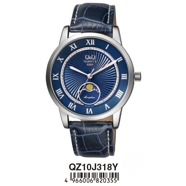 Q&Q FASHION Mod. QZ10J318Y wristwatch with blue leather strap, metal case, and moonphase dial, showcased in official packaging.