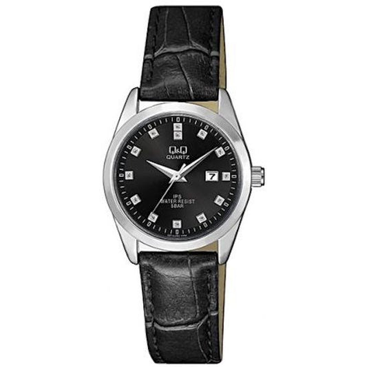 Q&Q FASHION Mod. QZ13J302Y ladies wristwatch with metal case, leather strap, quartz movement, and date function.