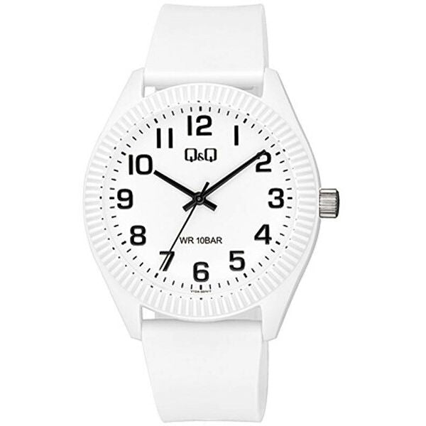 Q&Q FASHION Mod. V12A-001VY unisex wristwatch, 41mm plastic case, quartz movement, mineral dial, 10 ATM water resistant, official box packaging.