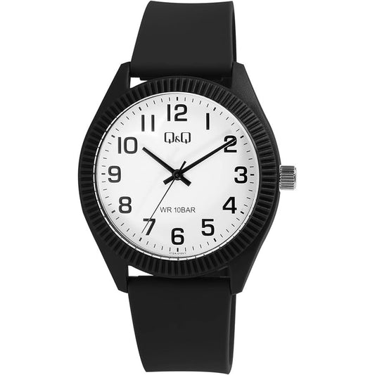 Q&Q FASHION Mod. V12A-010VY unisex wristwatch with quartz movement, 41mm plastic case, black strap, and mineral dial, water-resistant 10 ATM.
