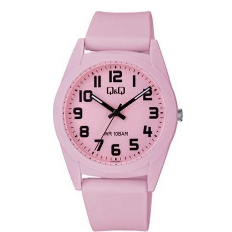 Q&Q FASHION Mod. V13AJ006Y unisex quartz wristwatch with pink plastic strap and 40mm case, water resistant to 10 ATM in official box
