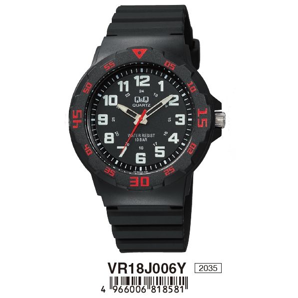 Q&Q FASHION Mod. VR18J006Y black wristwatch with plastic strap, 10 ATM water resistance, and quartz movement.