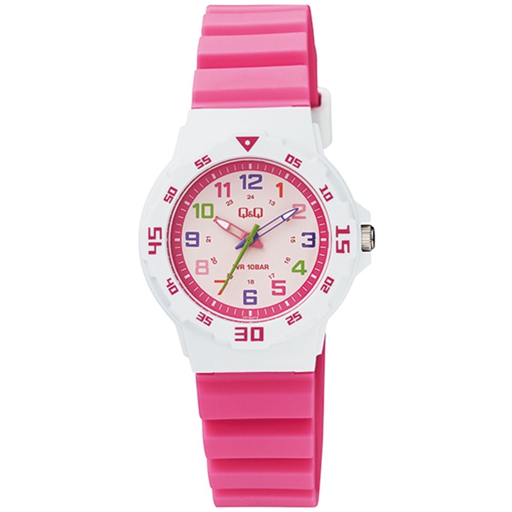 Q&Q FASHION Mod. VR19J012Y wristwatch with pink silicone strap, plastic case, quartz movement, and water resistance of 10 ATM.