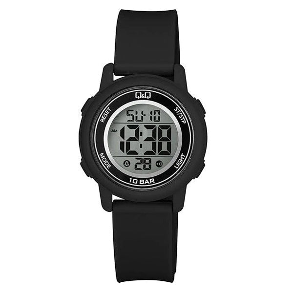 Q&Q Mod. DIGITAL DAY DATA 24H unisex wristwatch with 34mm plastic case and silicone strap, water resistant to 10 ATM, quartz movement.
