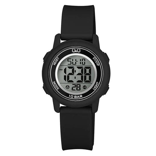 Q&Q Mod. DIGITAL DAY DATA 24H unisex wristwatch with 34mm plastic case and silicone strap, water resistant to 10 ATM, quartz movement.