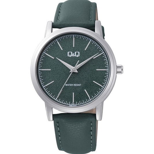 Q&Q Mod. ONLY TIME wristwatch with 40mm metal case, quartz movement, green leather strap; water resistant 3 ATM; unisex watch in official box.