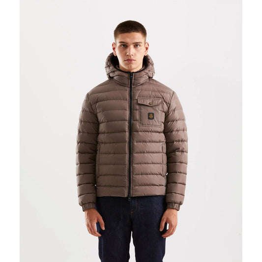 Refrigiwear Beige Nylon Men Jacket with hood, zip closure, and pockets for stylish urban warmth.