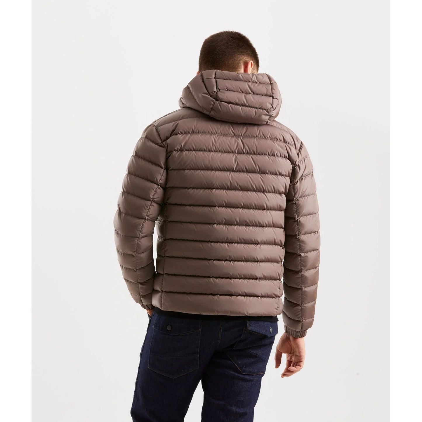 Back view of Refrigiwear Beige Nylon Men Jacket with hood showcasing urban sophistication and warmth.