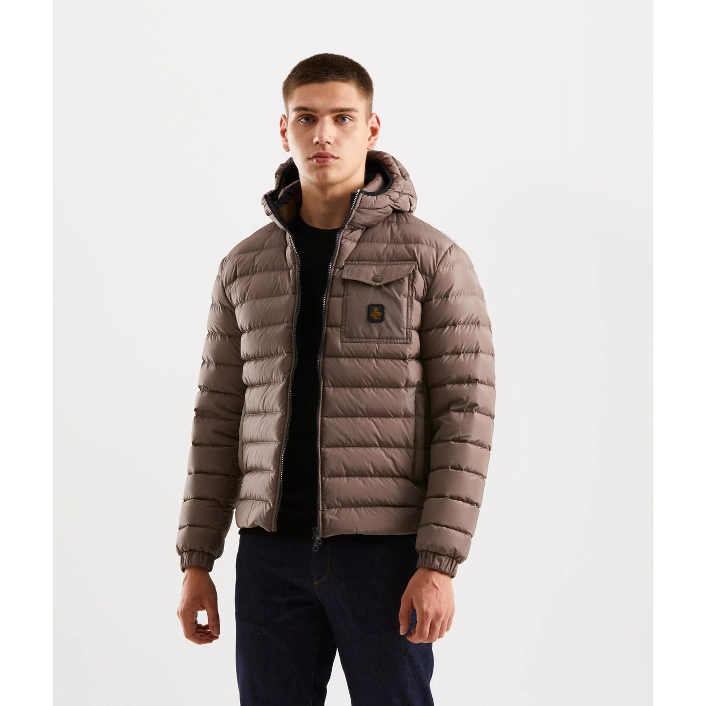 Refrigiwear Beige Nylon Men Jacket featuring sleek hood, zip closure, and button chest pocket for urban style and warmth.