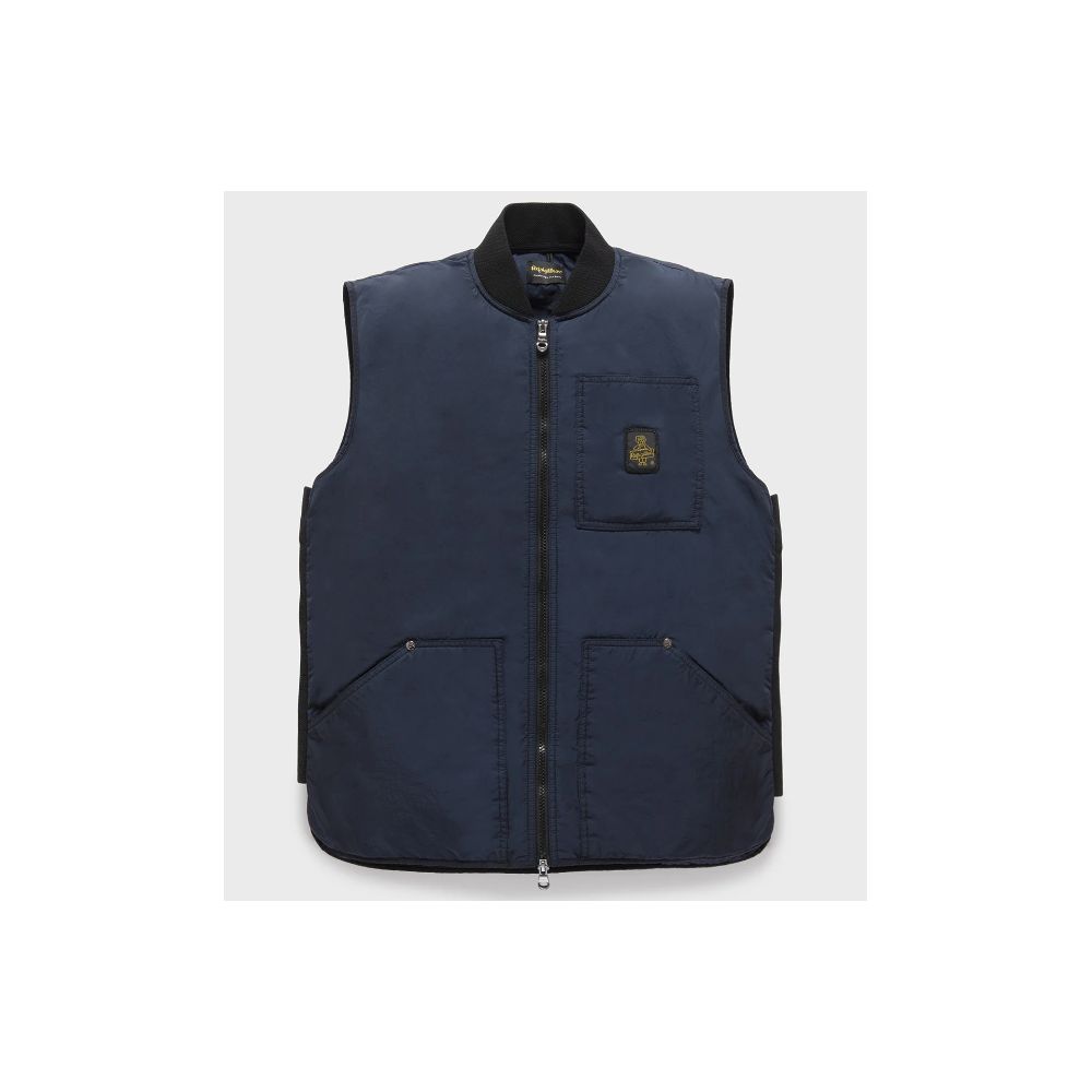 Refrigiwear Blue Polyamide Men Vest with zipper closure and pockets, perfect for summer wear.