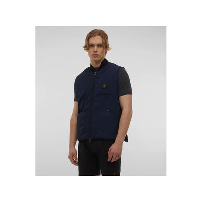 Refrigiwear Blue Polyamide Men Vest with zipper closure, two outer pockets, and an inside pocket, worn by a model, showcasing summer fashion.
