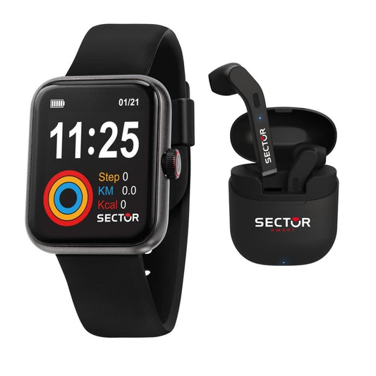 SECTOR MOD. R3251282008 smartwatch and earbuds set, featuring black design and fitness tracking