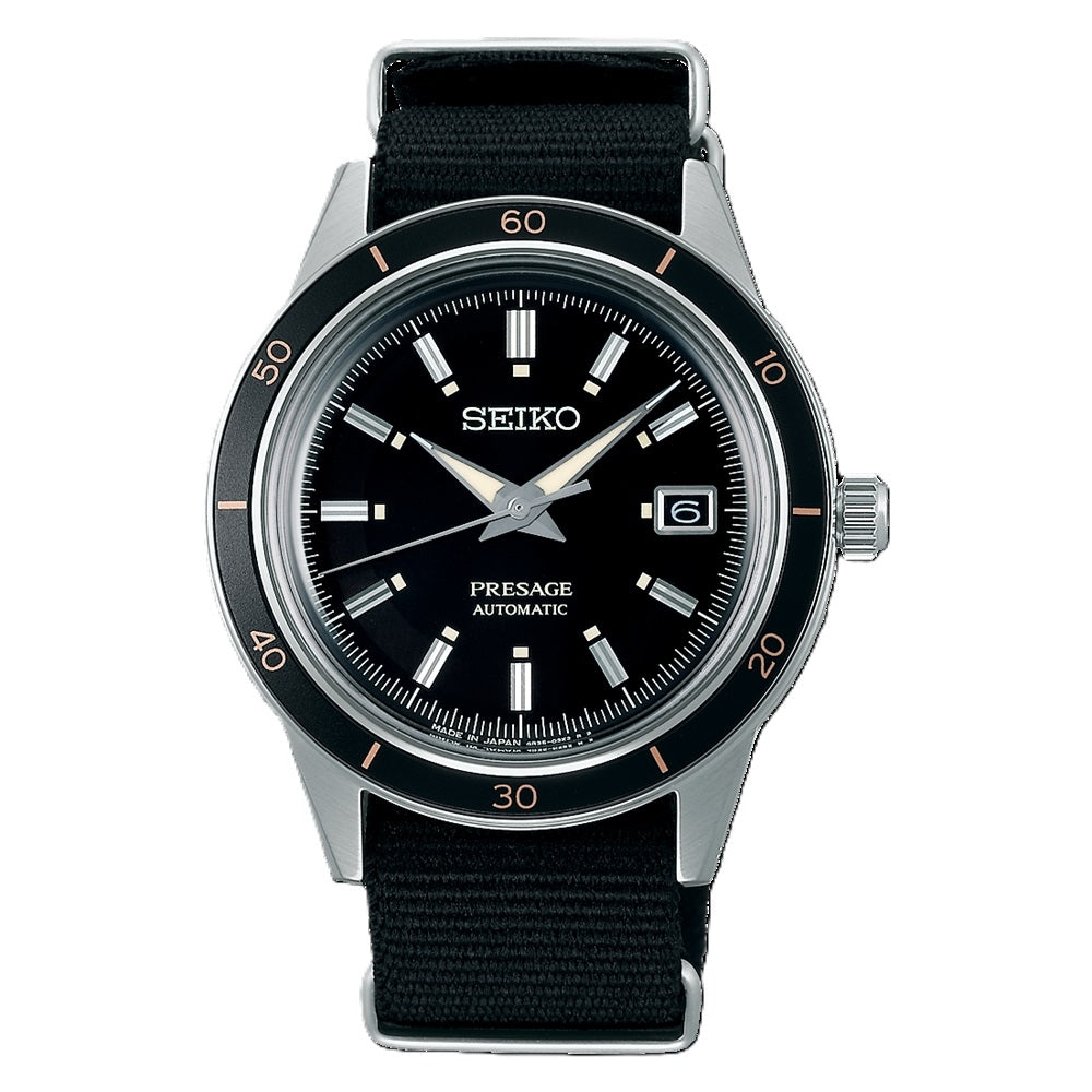 SEIKO PRESAGE MOD. 60s STYLE watch with black dial and silver case, showcasing elegant design and craftsmanship.